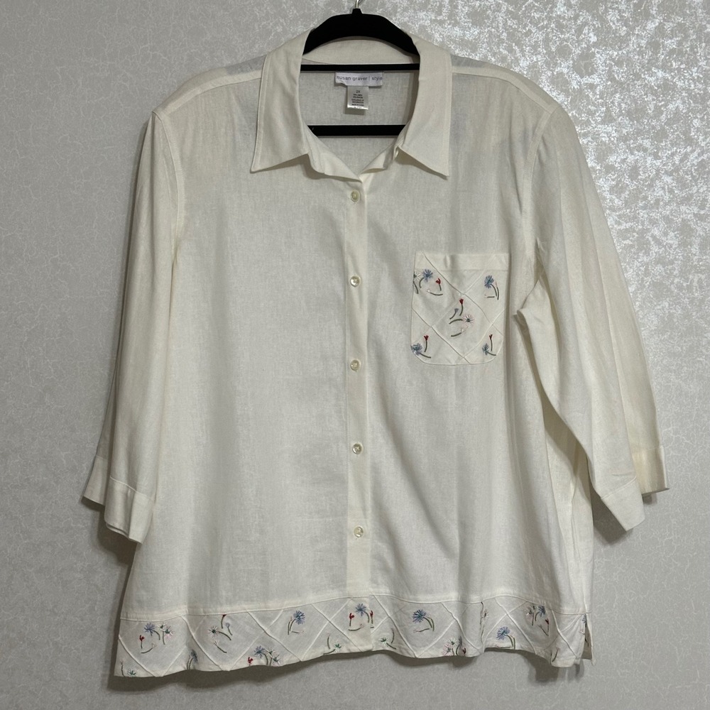 Susan Graver Embroidered Linen Blend‎ Button Front Shirt White Cottagecore 2X